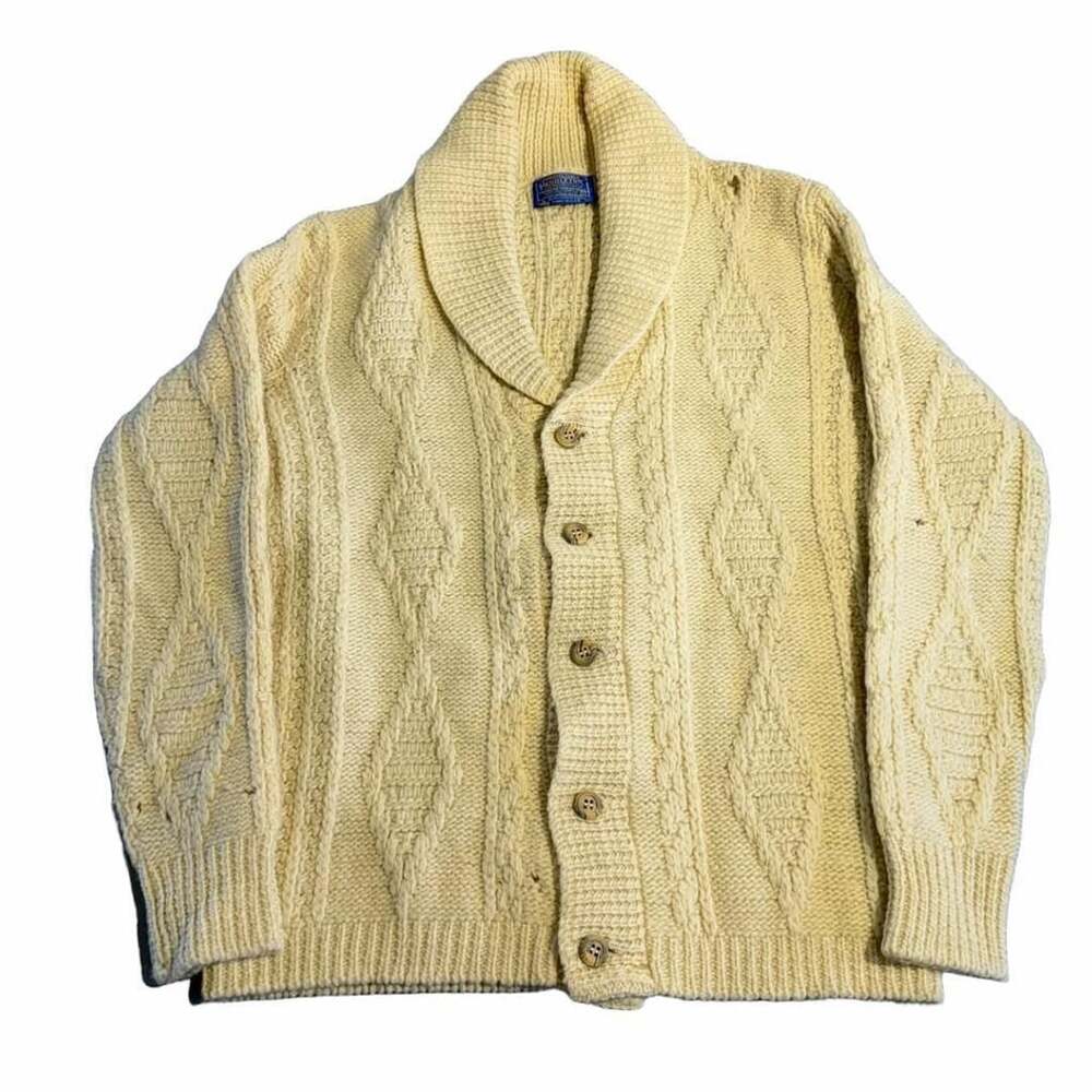 Pendleton Shawl Collar Cardigan Size M Cream Pure Virgin Wool Cable Knit